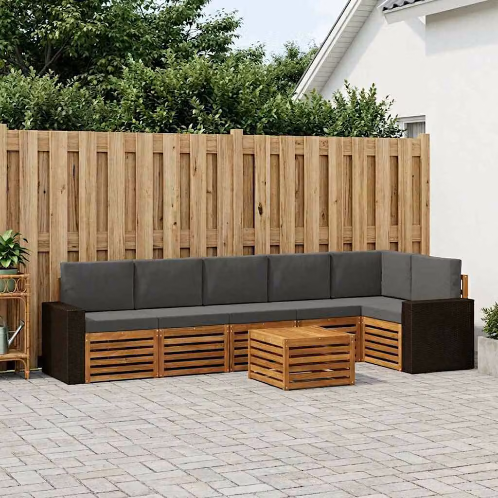 Set di divani da esterno vidaXL 7 pz in legno di acacia con tavolo da caffè e cuscini, colore Antracite e Naturale