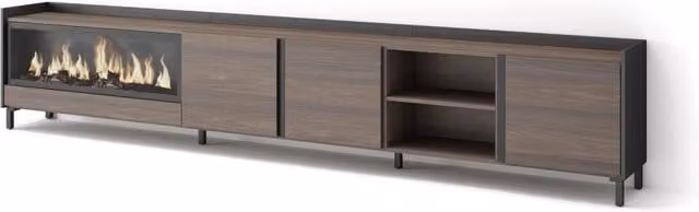 Mobile TV Soggiorno, 315x61x35 cm, Per TV fino a 80", Camino elettrico XXL, Design industriale, Rovere scuro e Nero