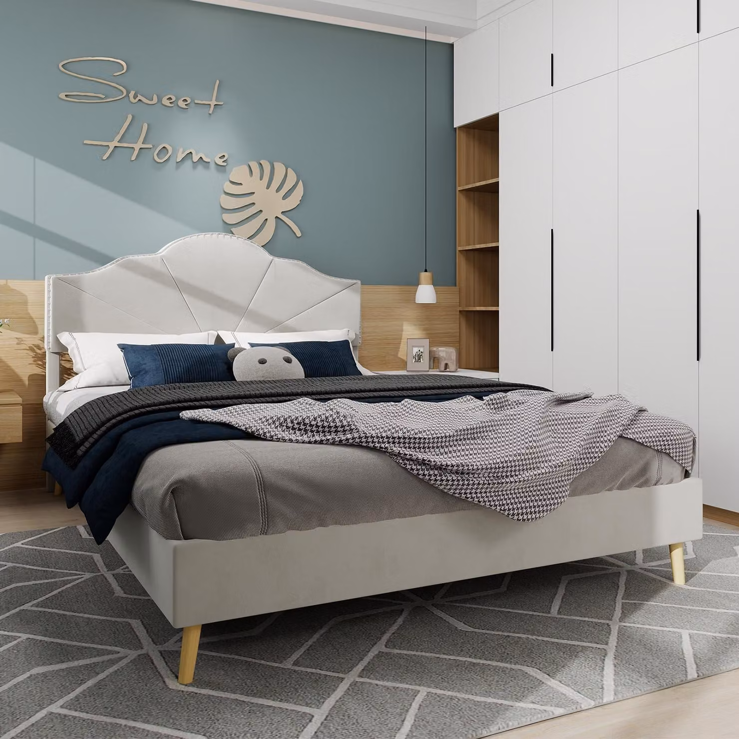 Sweiko Letto moderno minimalista morbido, testata confortevole e morbida, 160x200CM, beige, mobili multifunzionali per la camera da letto, struttura letto basso a cassettoni non include asta a gas, non include materasso.
