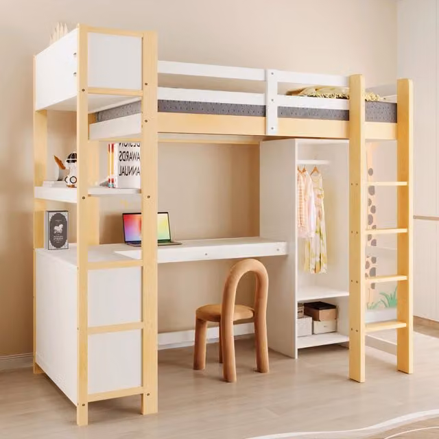 Letto a castello WISHDOR per bambini con scrivania, scaffali e armadio, in pino e MDF, colore naturale e bianco/beige, L/P/H: 200 x 90 x 232,5 cm