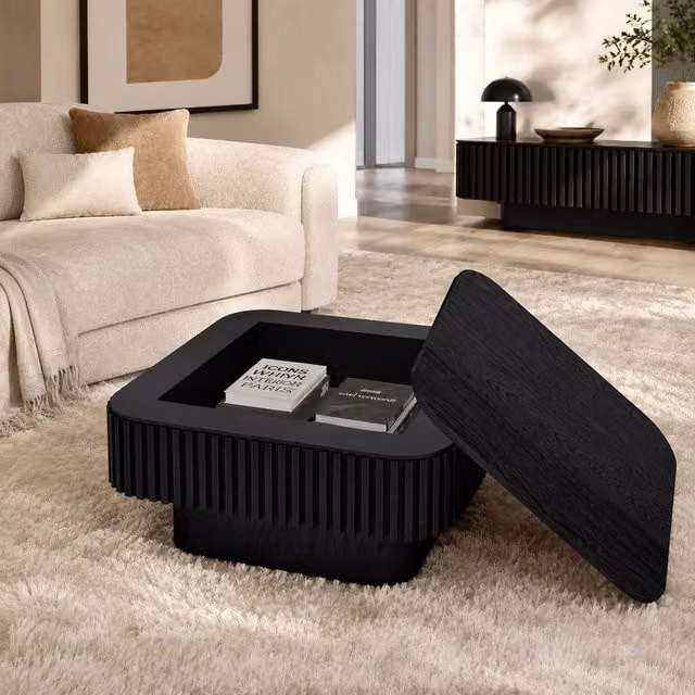 Tavolino da Caffè Quadrato 75 cm in Legno Massiccio Impiallacciato, Nero, con Vano Portaoggetti Nascosto e Montaggio Facile in 5 Minuti