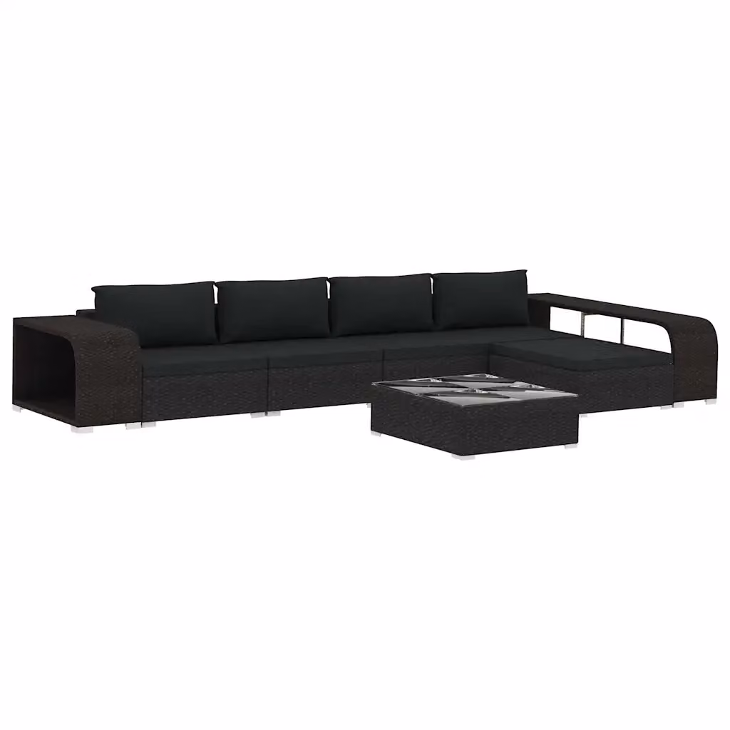 Set da giardino moderno vidaXL composto da 8 pezzi con divani a L, pouf e tavolino da caffè in rattan nero e struttura in metallo con cuscini inclusi – 2
