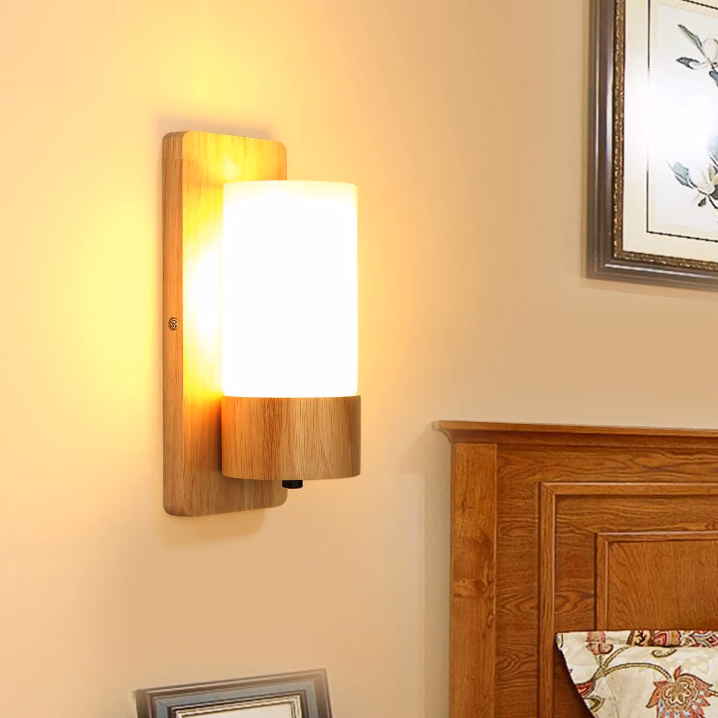 Lampada da parete in legno e vetro, attacco E27, 28 cm, ideale per soggiorno o corridoio