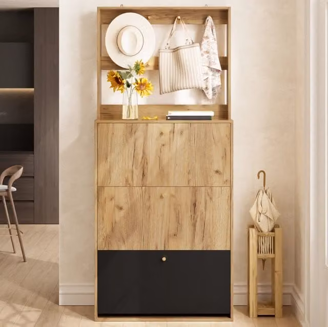 Scarpiera 75x24x180 cm nero naturale in pannello truciolare, 3 vani ribaltabili e ganci