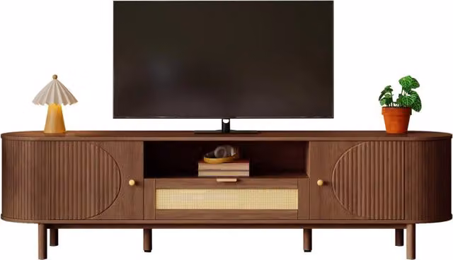 Mobile TV moderno con cassetti in rattan, vani aperti, piano arrotondato e gambe in metallo effetto legno, mobile soggiorno multifunzionale