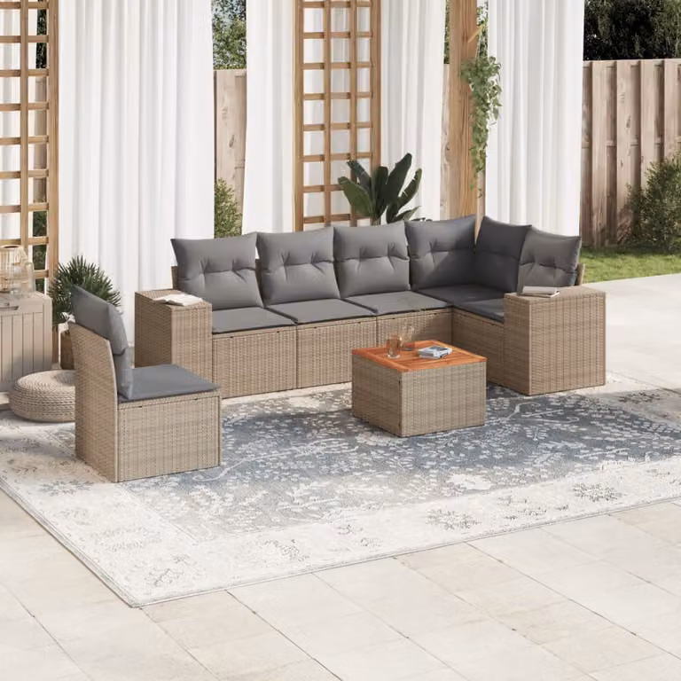 Set di divani da giardino vidaXL in polyrattan 7 pezzi con cuscini beige e grigi per esterno