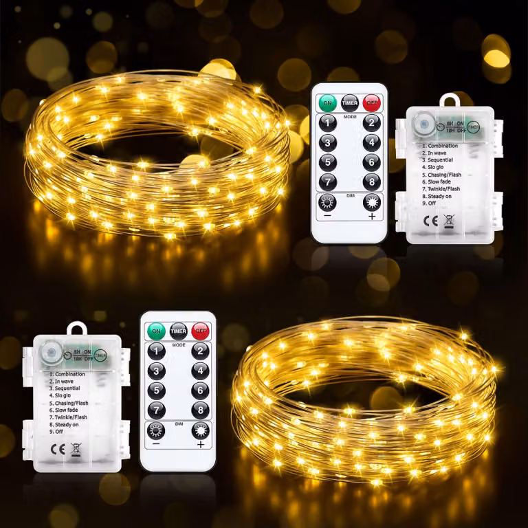 Catena luminosa a LED, 2 x 5 metri, 50 LED bianco caldo, alimentazione a batteria, grado di protezione IP65