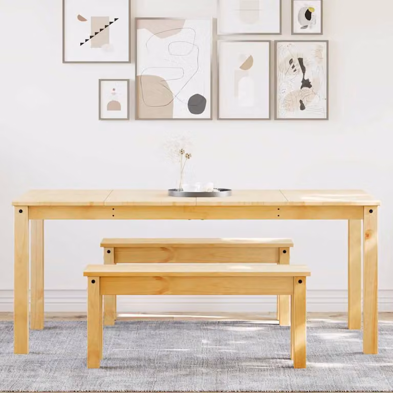 Set da pranzo vidaXL Panama in legno di pino massello, tavolo rettangolare e 2 panche, marrone e beige