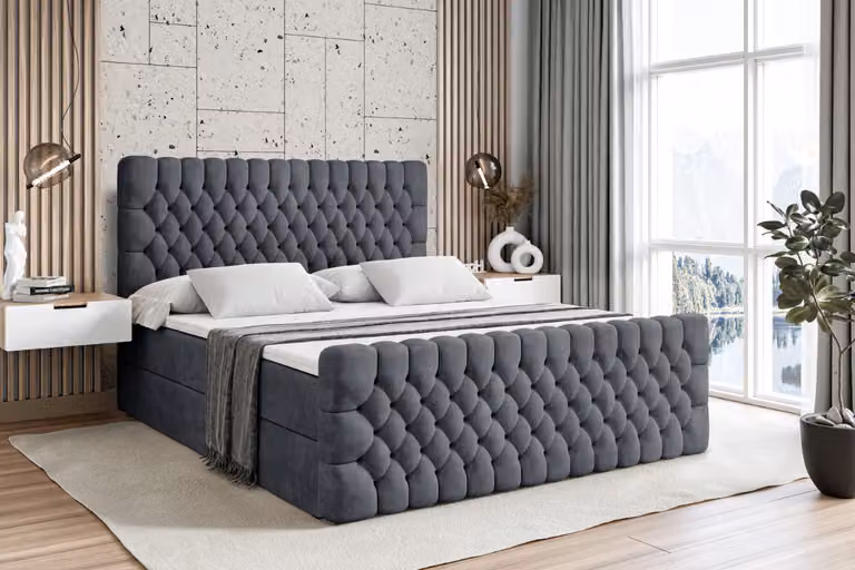 Letto boxspring ALTDECOR con pediera, materasso H3 e topper - 140 x 200 cm - SERENE-Z - Velluto grigio scuro - Letto imbottito con contenitore e rete a doghe, letto con spazio contenitivo