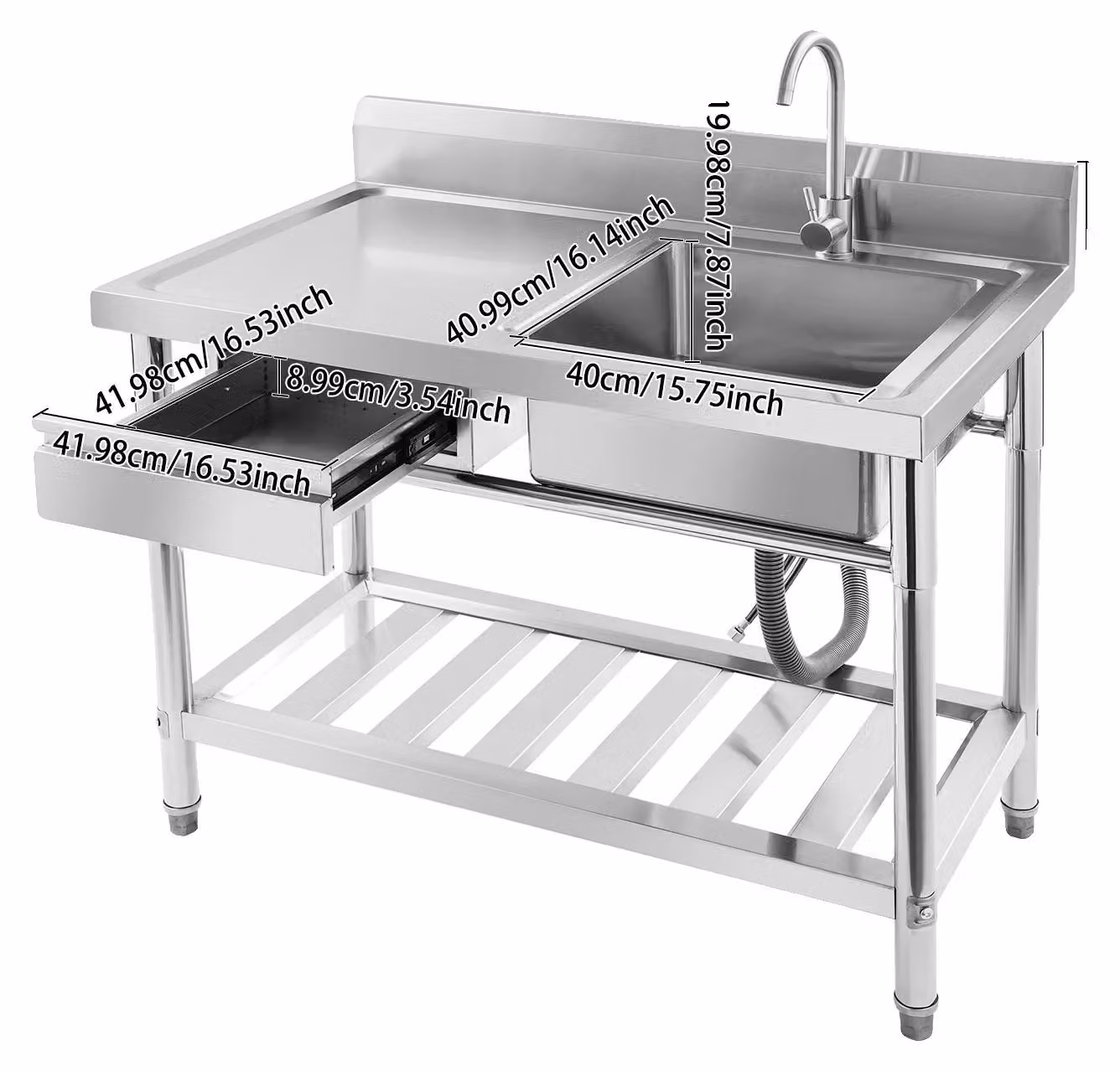 Lavello da cucina rinforzato, realizzato in acciaio inossidabile resistente, con ampio vano lavaggio e cassetto a sinistra