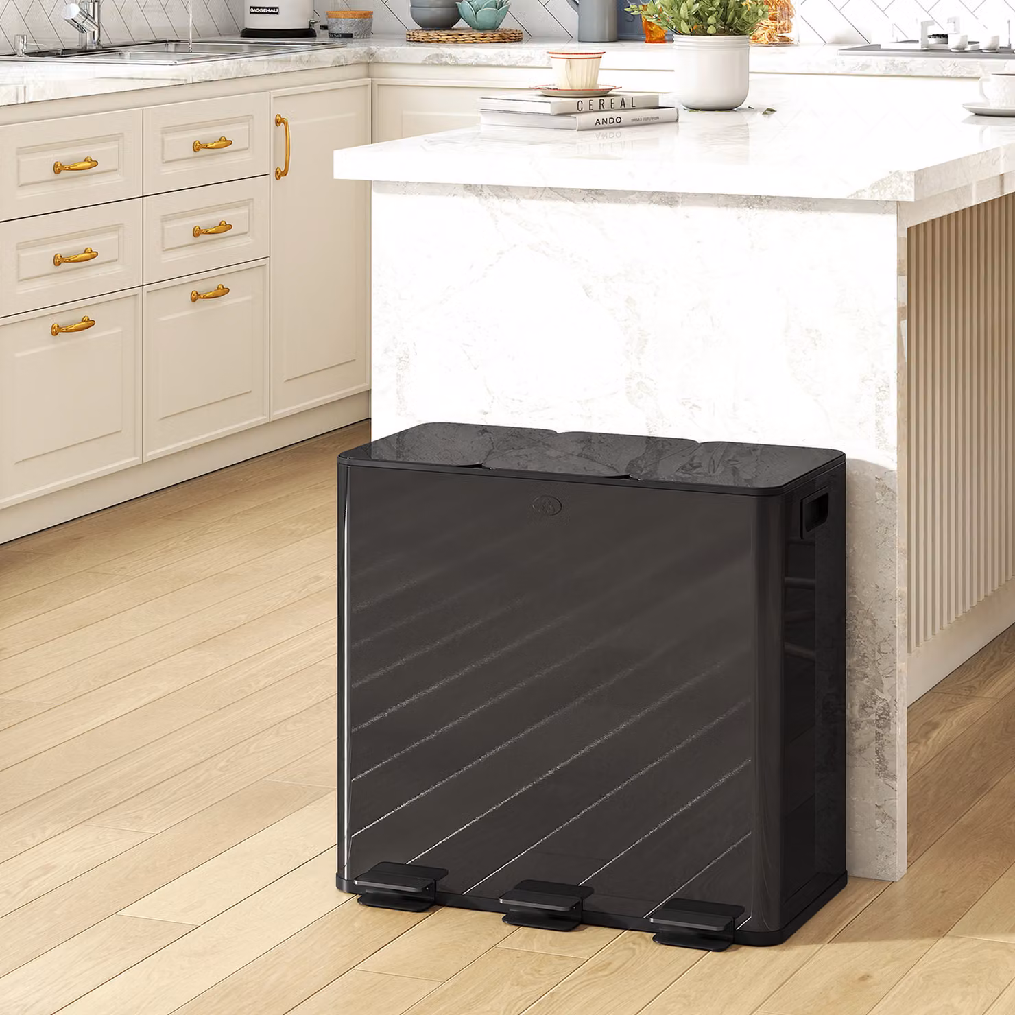Bidone Immondizia a 3 Sezioni HOMCOM da 60L con Chiusura Silenziosa e Filtro Odori, Acciaio Inox e PP, Nero, L: 61.9 cm, P: 36.6 cm, H: 56.7 cm – 2