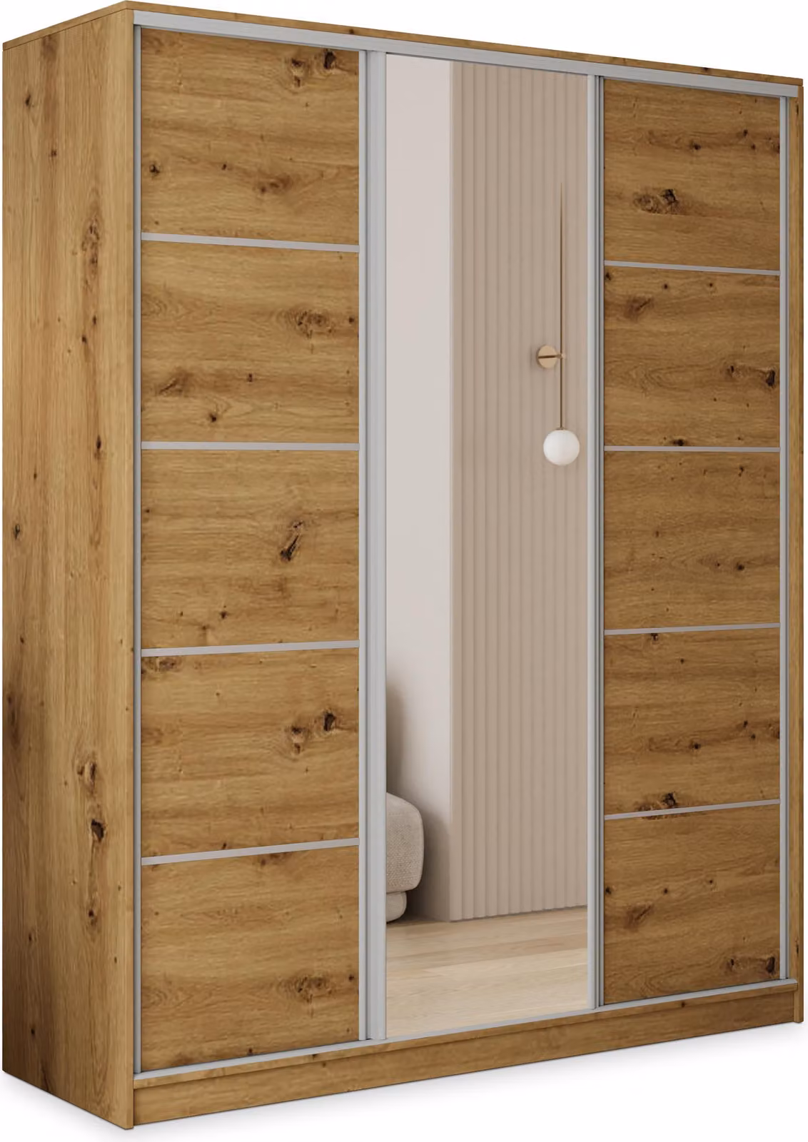 Armadio a ante scorrevoli Masseno PINA 150/205/58 cm, armadio con 4 cassetti, armadio da camera da letto a 3 ante con specchio, rovere Artisan