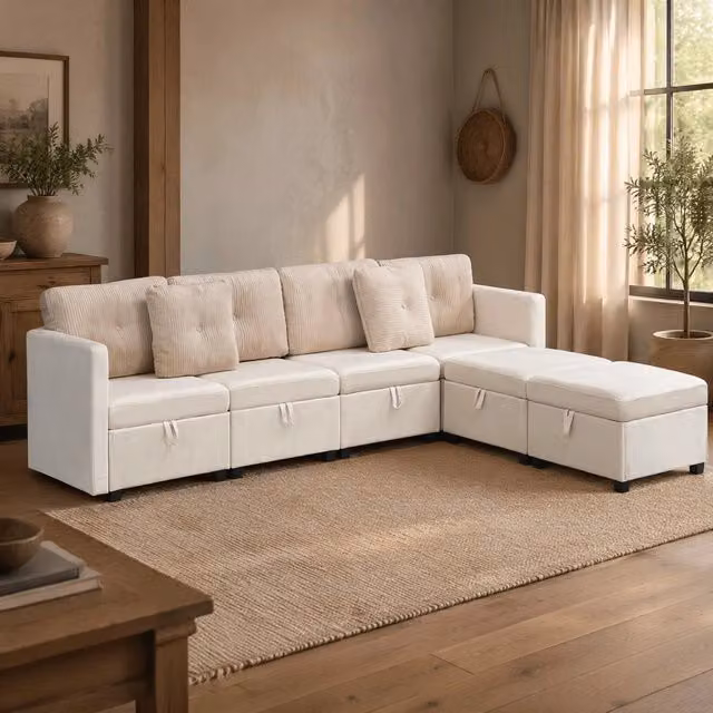 Divano panoramico modulare a U Mivray in velluto beige con cuscini in corduroy e struttura in legno massello