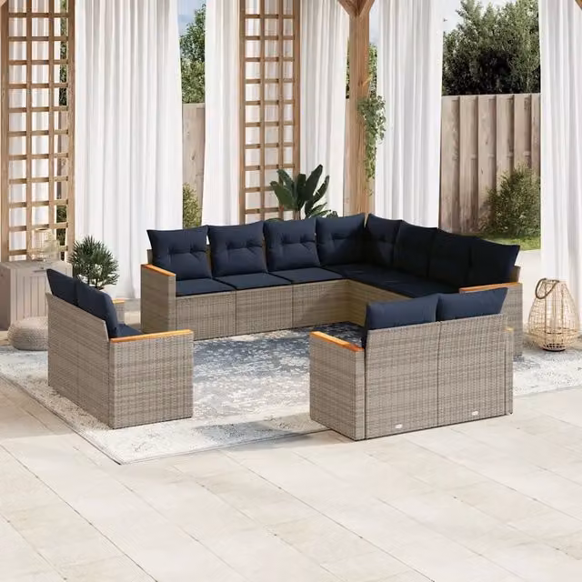 Set Divani da Giardino 11 pz con Cuscini Grigio in Polyrattan 3226502