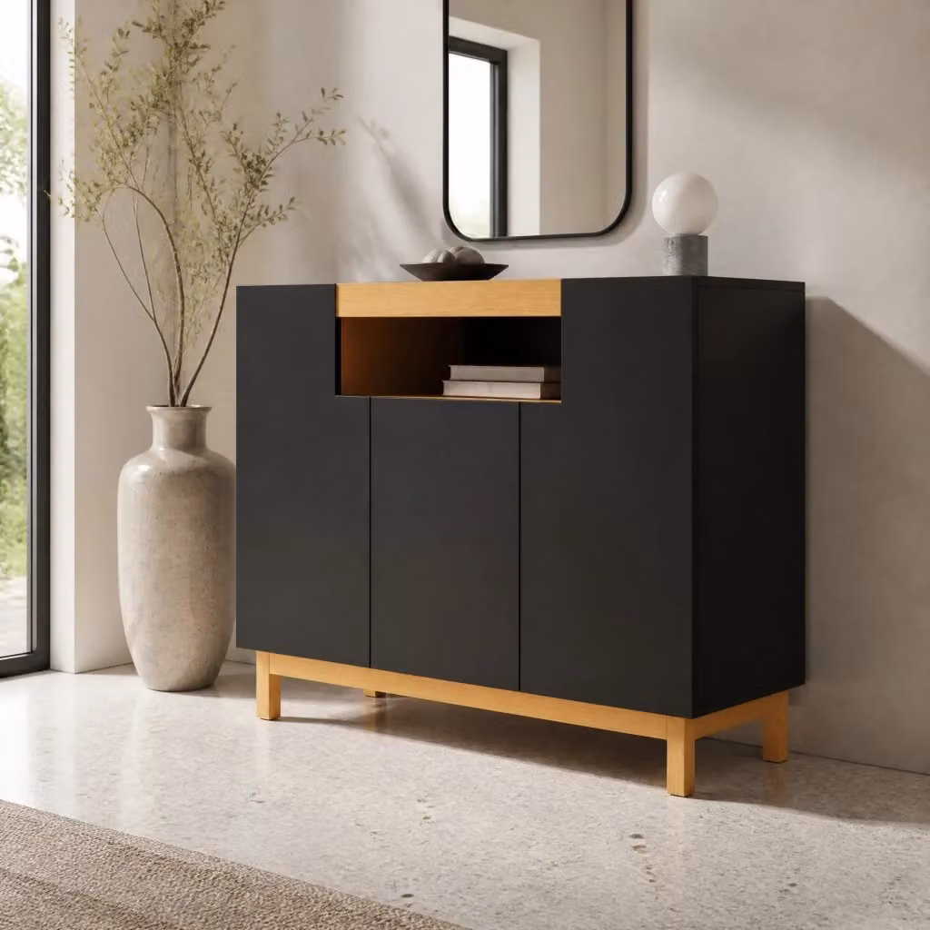 Credenza Mivray moderna con tre ante e vano centrale aperto, colore nero effetto legno, L/P/H: 120.5 x 42 x 96 cm – 2