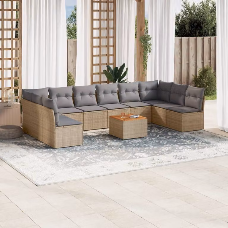 vidaXL Set Divani da Giardino 11 pz con Cuscini Beige e Tavolino in Polyrattan e Acciaio