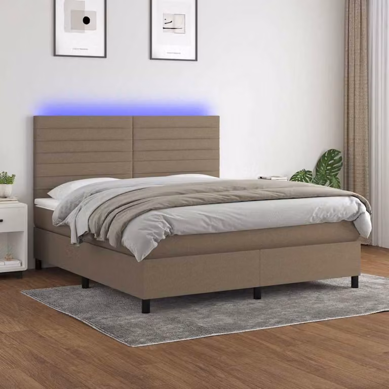 Letto a molle con materasso e illuminazione LED vidaXL, colore beige, in tessuto e materiali misti, L/P/H: 180 x 200 x 128 cm