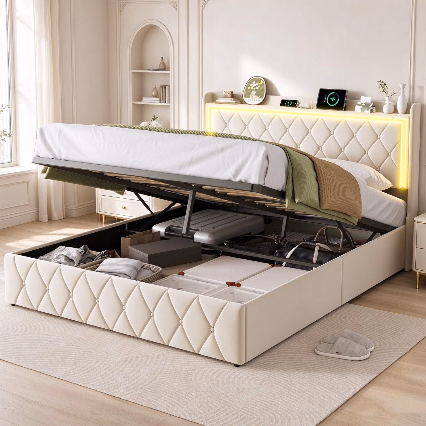 Letto imbottito INONEFT 140x200 cm con USB, struttura a molle con spazio contenitore, rivestito in ecopelle, letto matrimoniale con rete a doghe, in velluto, color beige