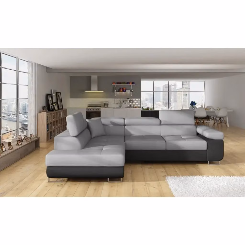 Divano angolare trasformabile MENTON MEUBLORAMA grigio con funzione letto, contenitore e poggiatesta regolabile, lato sinistro – 2