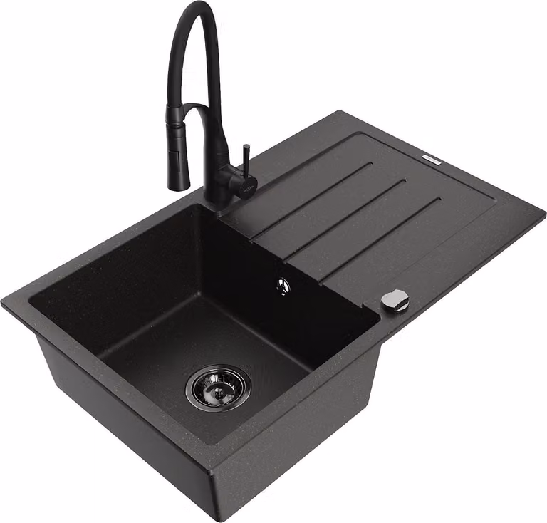 Mexen Bruno lavello da cucina in granito a 1 vasca con sgocciolatoio e rubinetto Aster, nero/oro metallizzato