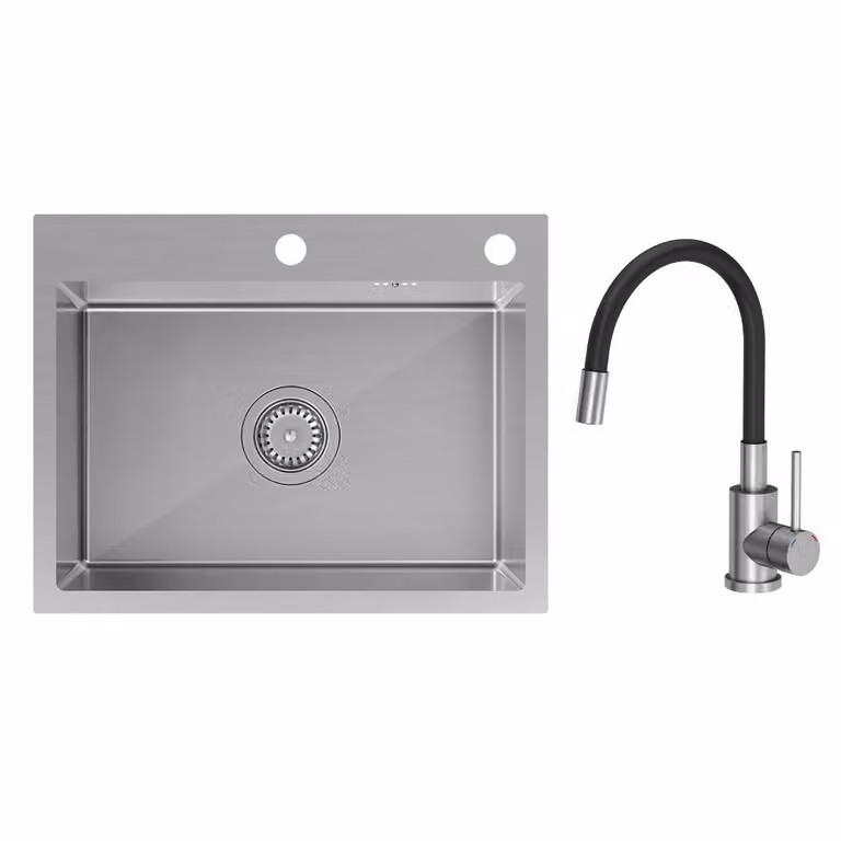 VBChome Lavello 58 x 45 x 20 cm Acciaio inossidabile spazzolato con rubinetteria flessibile di alta qualità – Design intramontabile per ogni cucina