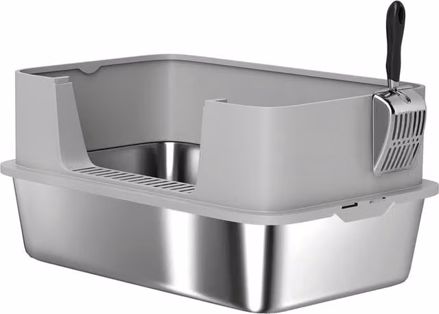 Lettiera per gatti XL PawHut in acciaio inox con paletta, lati alti antiperdita e antiodore, grigio, per gatti fino a 7 kg