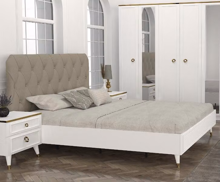 Modernes Polsterbett Bett Betten Bettgestell Doppelbett 180x200 Beige Ehebett