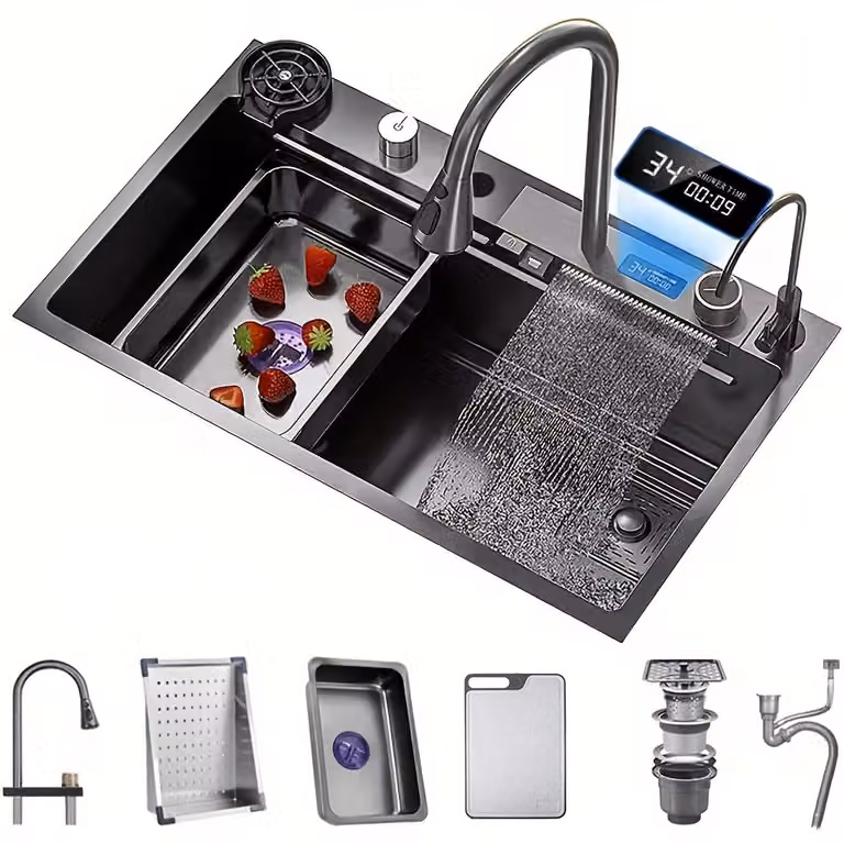 Lavello da cucina in acciaio inossidabile a cascata, con display e rubinetto estraibile, dimensioni 76,2 x 45,97 x 20,5 cm