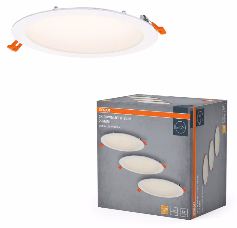 OSRAM Essential LED Faretto da incasso Slim 225 mm 22 W bianco, set da 3 faretti da incasso 2000 lm bianco caldo 3000 K, faretto da soffitto IP20