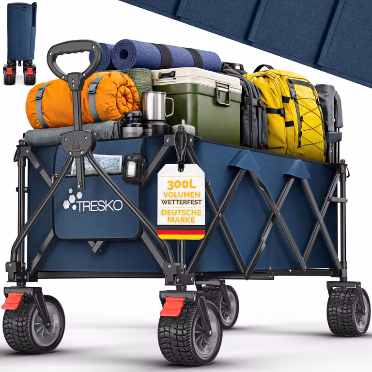 Carretto pieghevole TRESKO® da 300 L con freno, blu | Carretto pieghevole da 150 kg con ruote in gomma piena | Carretto da spiaggia pieghevole con ruote fuoristrada extra larghe | Carretto da giardino con borsa per il trasporto inclusa