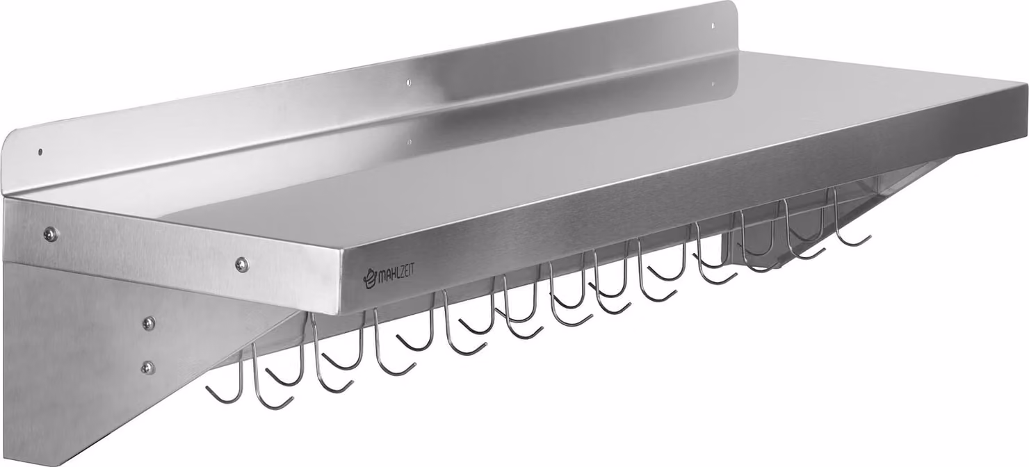 Mensola a muro in acciaio inox Mahlzeit, 120 x 30 cm, mensola pieghevole con pratico binario a gancio