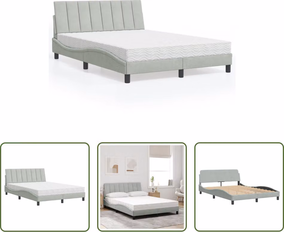 The Living Store Letto con materasso grigio chiaro 140x200 cm in velluto