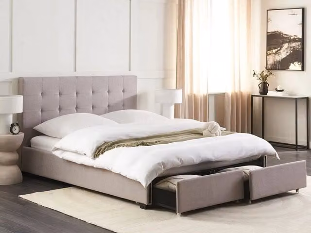 Letto contenitore matrimoniale Beliani imbottito in tessuto grigio con cassetti L/P/H: 160 x 200 x 28 cm