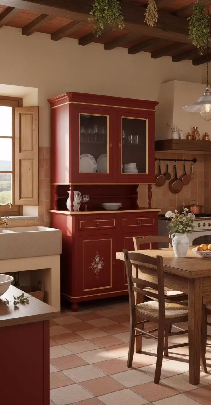 Cristalliera Shabby Chic Mobili 2G in Legno di Pino Rosso con Decorazioni Floreali e Filo Oro L: 104 cm, P: 43 cm, H: 208 cm – 3