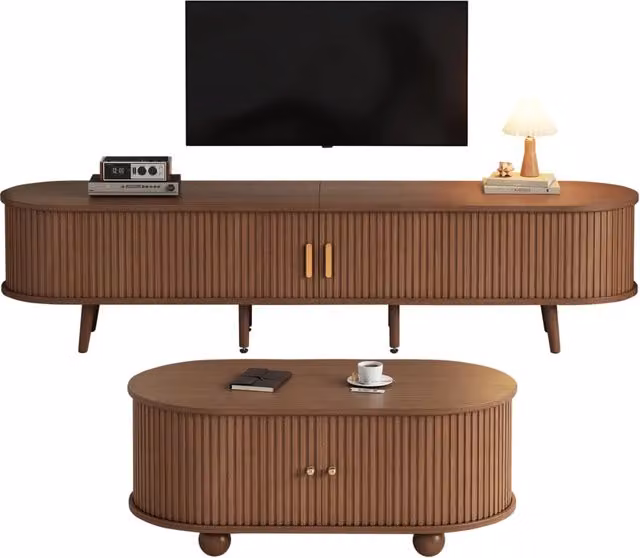 Set mobile tv e tavolino da soggiorno; mobile tv 170 cm con cassetti e tavolino 100 cm; mobile porta tv color noce in MDF