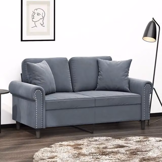 Divano a 2 posti moderno vidaXL in velluto grigio con cuscini e struttura in metallo L: 152 cm, P: 80 cm, H: 77 cm – 1