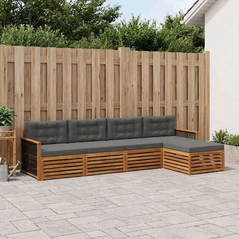 Set di divani da esterno vidaXL a forma di L in legno di acacia con pouf e cuscini, beige e antracite
