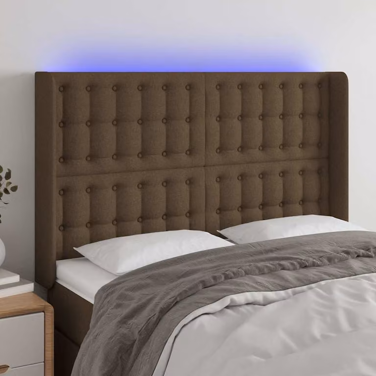 Testiera per letto vidaXL in tessuto marrone scuro con illuminazione LED e porta di ricarica USB, L: 147 cm, P: 16 cm, H: 118/128 cm