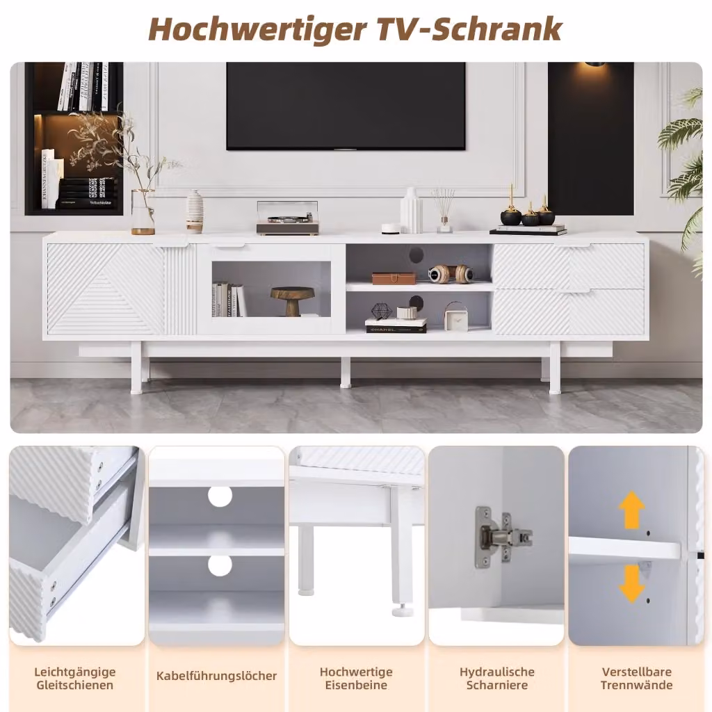 Mobile TV moderno REDOM bianco con ante e cassetti in vetro L/P/H: 200 x 40 x 50,5 cm – 2
