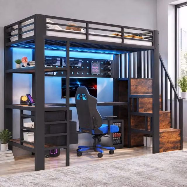 Letto a soppalco MIVRAY nero con scrivania, cassetti, scala contenitore, prese USB e illuminazione LED in metallo e MDF, L/P/H: 200 x 90 x 170 cm