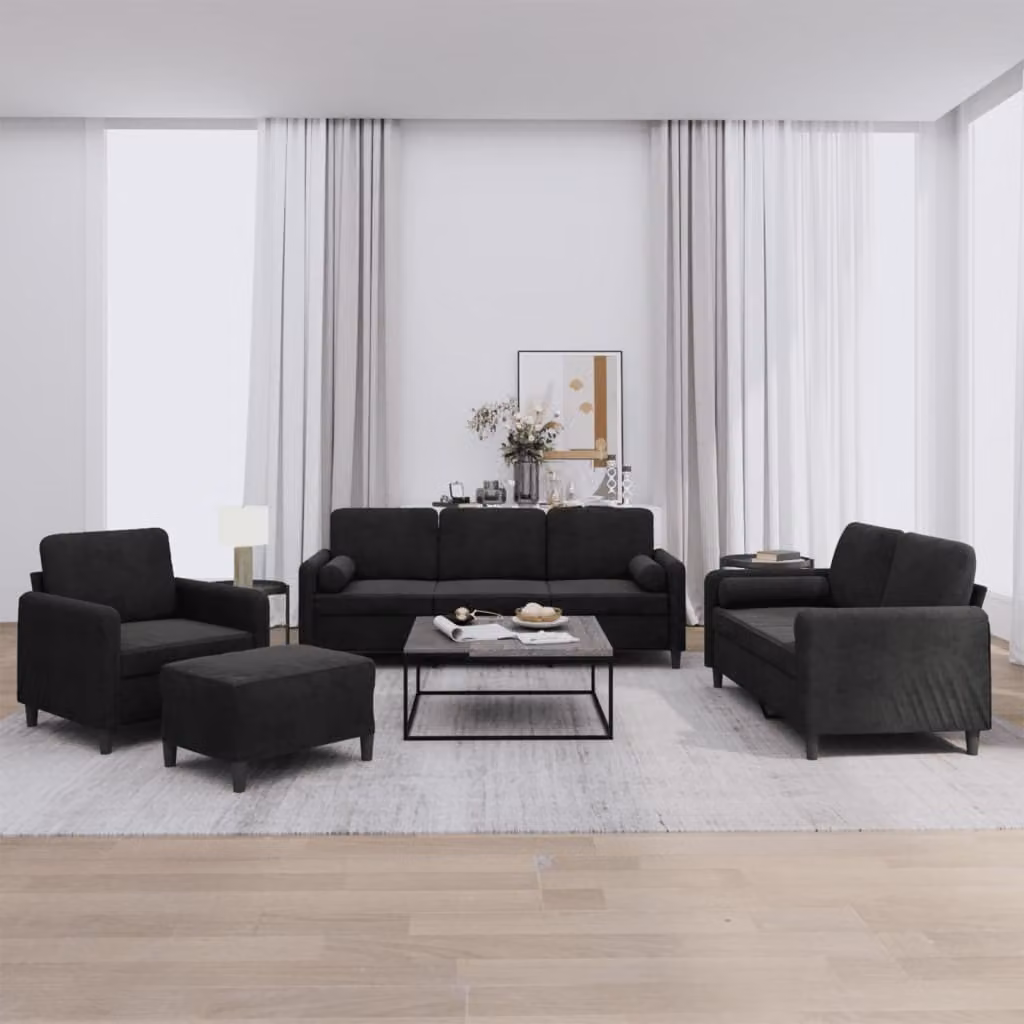 Set di Divani 4 pz con Cuscini Nero in Velluto