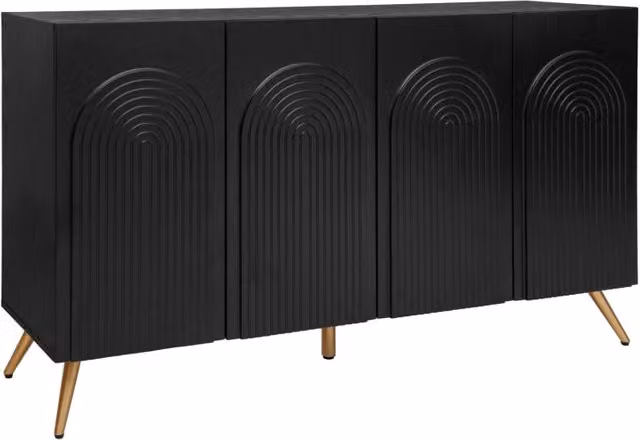 Madia in stile Mid-Century nera con scanalature 3D, ante arcuate, ripiani regolabili e piedi in metallo dorato