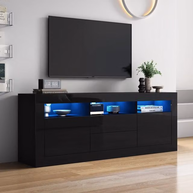 Mobile TV moderno FOLYNA nero con illuminazione LED controllabile tramite app, 3 vani aperti, 2 ante e 2 cassetti, L: 160 cm, P: 35 cm, H: 60 cm