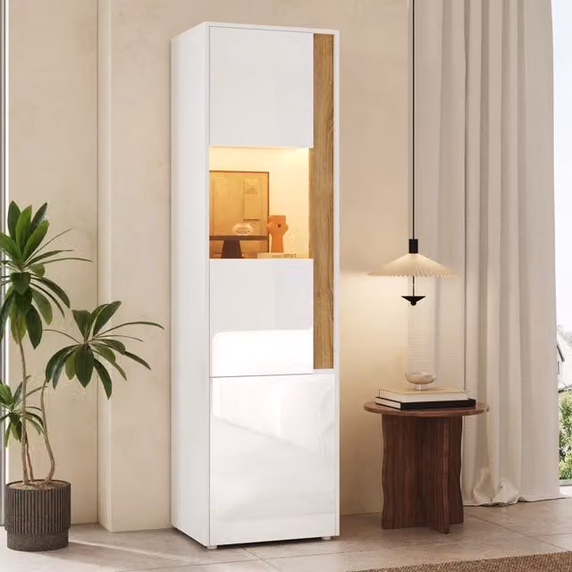 Armadio alto 50x40x179 cm con illuminazione LED regolabile in truciolare naturale e bianco
