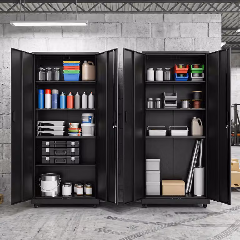 Armadio archivio Costway in acciaio con 5 ripiani regolabili e 2 ante, mobile credenza con ruote bloccabili per ufficio e garage, Nero opaco