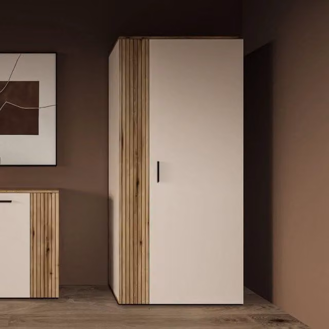 Armadio Frezo08 2 ante battenti con dettaglio a listelli verticali colore cashmere e rovere evoque