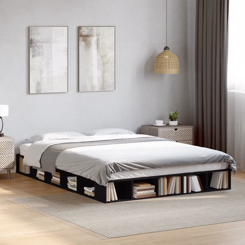 vidaXL Giroletto Nero in Legno Multistrato con Doghe Fisse L: 160 cm, P: 200 cm – 1