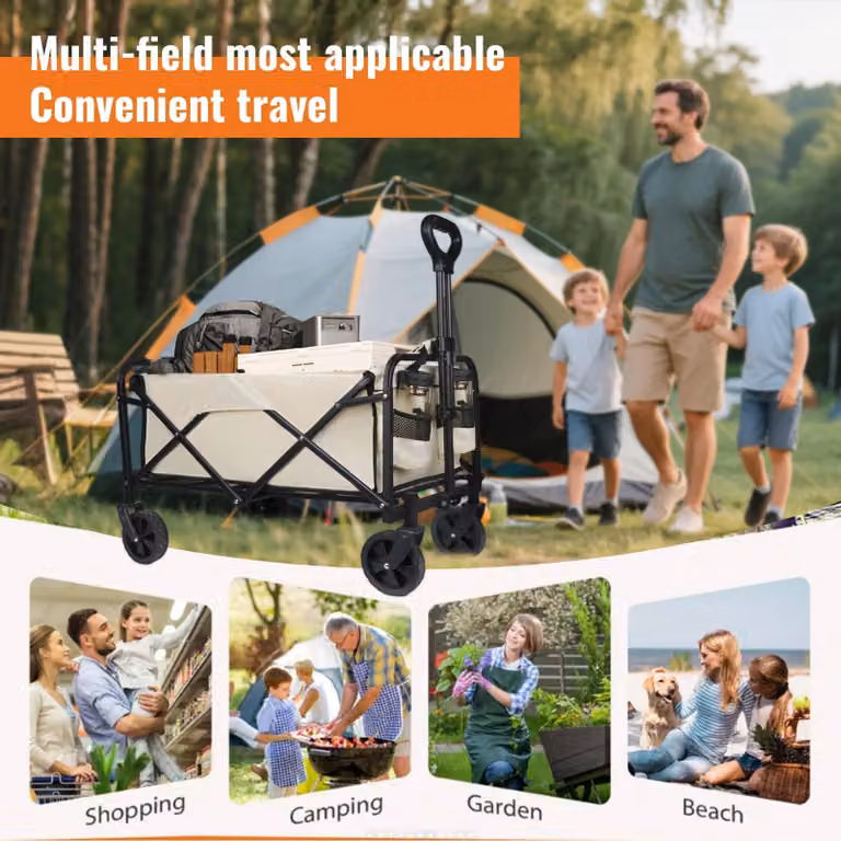 Carrello pieghevole, capacità 120 litri, portata massima 120 kg, dimensioni 70 x 43 x 72 cm, con sterzo a 360°, ideale per il campeggio