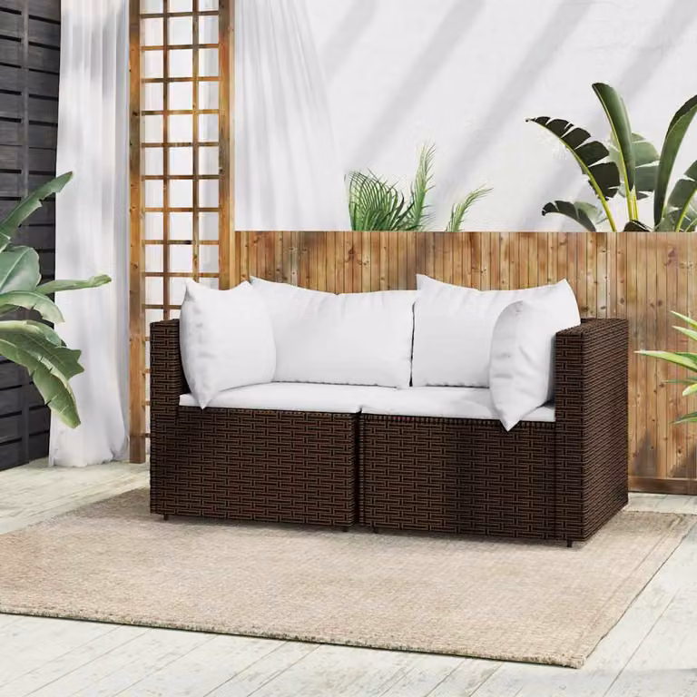 Set di 2 Divani Angolari da Giardino vidaXL in Polyrattan Marrone con Cuscini Bianchi