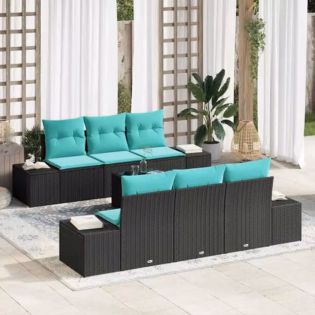 Set Divano da Giardino 8 pz vidaXL Nero e Turchese con Tavolino e Cuscini in Polyrattan e Acciaio – 1